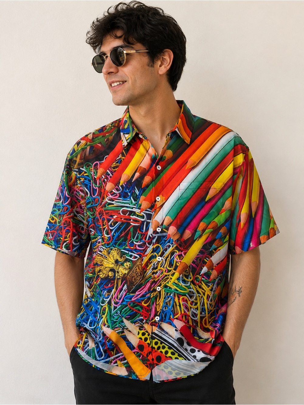 Aldayshic Colorful Art Supplies Print Button-Up Shirt Size Small